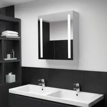 Dulap de baie cu oglinda si LED, alb si argintiu, 62 x 14 x 60 cm