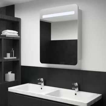 Dulap de baie cu oglinda si LED-uri, alb si argintiu