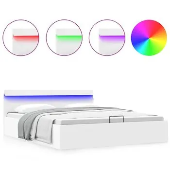  Cadru pat hidraulic cu ladă LED alb 180x200 cm piele ecologică 