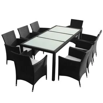  Set mobilier de exterior cu perne, 9 piese, negru, poliratan