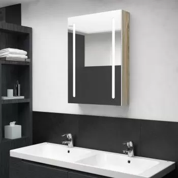 Dulap de baie cu oglinda si LED, alb si stejar, 50 x 13 x 70 cm