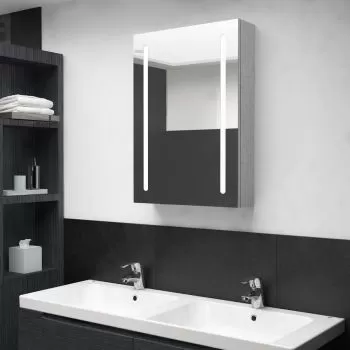 Dulap de baie cu oglinda si LED, gri beton, 50 x 13 x 70 cm