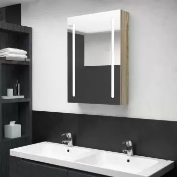 Dulap de baie cu oglinda si LED, stejar, 50 x 13 x 70 cm