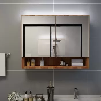 Dulap de baie cu oglinda si LED-uri, stejar