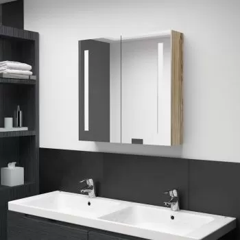 Dulap de baie cu oglinda si LED, stejar, 62 x 14 x 60 cm