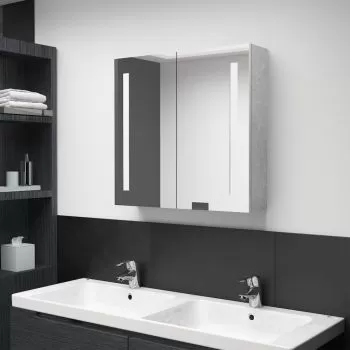 Dulap de baie cu oglinda si LED, gri beton, 62 x 14 x 60 cm