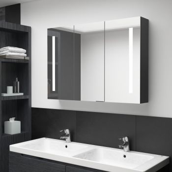 Dulap de baie cu oglindă și LED, negru strălucitor, 89x14x62 cm