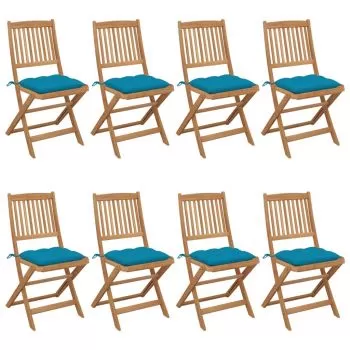 Set 8 bucati scaune de gradina pliabile cu perne, albastru deschis