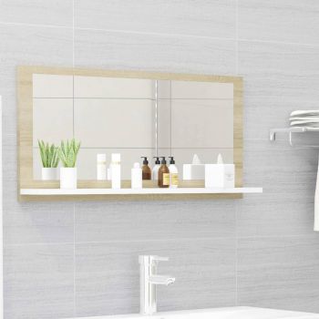 Oglindă de baie, alb/stejar sonoma, 80 x 10.5 x 37 cm, PAL