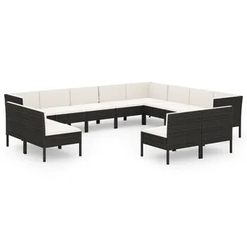  Set mobilier de grădină cu perne, 12 piese, negru, poliratan