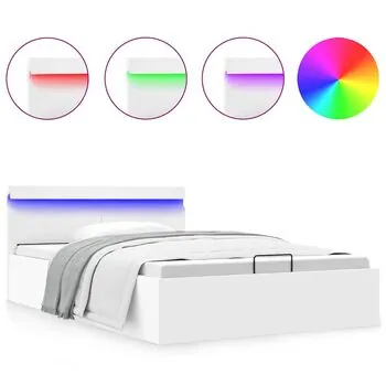  Cadru pat hidraulic cu ladă LED alb 120x200 cm piele ecologică 