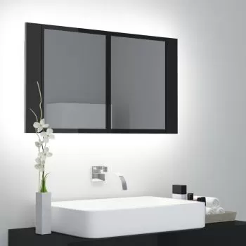 Dulap de baie cu oglinda si LED, negru lucios