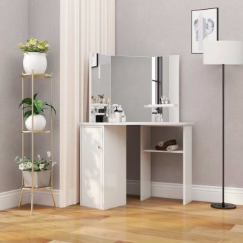 Masă de toaletă colțar, masă pentru machiaj și cosmetice, alb