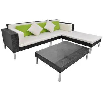  Set mobilier de grădină cu perne, 4 piese, negru, poliratan
