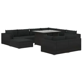  Set mobilier de grădină cu perne, 10 piese, negru, poliratan