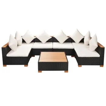  Set mobilier de grădină cu perne, 7 piese, negru, poliratan