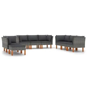  Set mobilier de grădină cu perne, 9 piese, gri, poliratan
