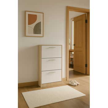 Pantofar Arezzo cu trei sertare, stejar alb si alb, 63x24x117 cm