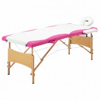 Masă pliabilă de masaj, 2 zone, alb și roz, lemn