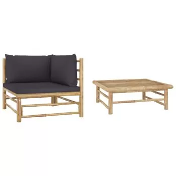 Set mobilier de grădină, 2 piese, perne gri închis, bambus