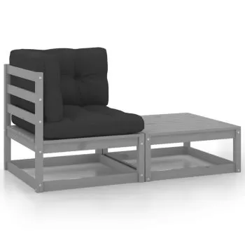  Set mobilier de grădină cu perne, 2 piese, gri, lemn masiv pin
