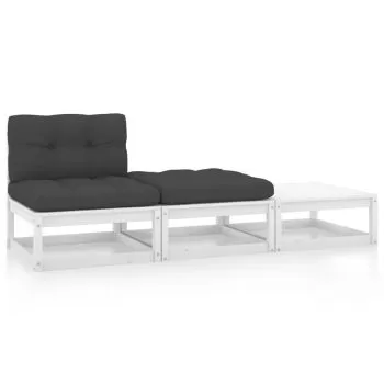  Set mobilier de grădină cu perne, 3 piese, alb, lemn masiv pin