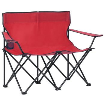 Scaun de camping pliabil, 2 locuri, roșu, oțel și textil