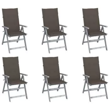 Set 6 bucati scaune gradina rabatabile cu perne, gri taupe