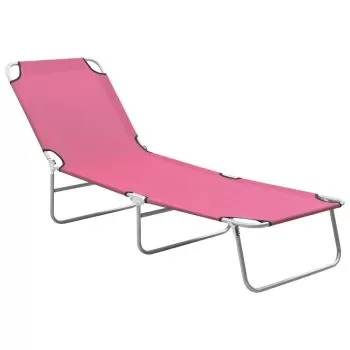 Șezlong de plajă pliabil, roz, oțel și material textil