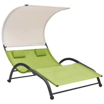  Șezlong de plajă dublu cu baldachin, verde, textilenă
