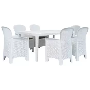  Set mobilier de exterior, 7 piese, alb, plastic, aspect ratan