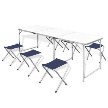 Set camping masa reglabila si 6 scaune 180 x 60 cm, alb, 180 x 60 cm