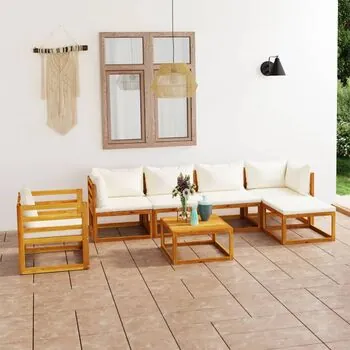  Set mobilier grădină cu perne, 7 piese, crem, lemn masiv acacia