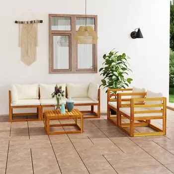  Set mobilier grădină cu perne, 6 piese, crem, lemn masiv acacia