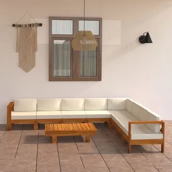  Set mobilier grădină perne alb crem, 9 piese, lemn masiv acacia