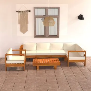  Set mobilier grădină perne alb/crem, 7 piese, lemn masiv acacia