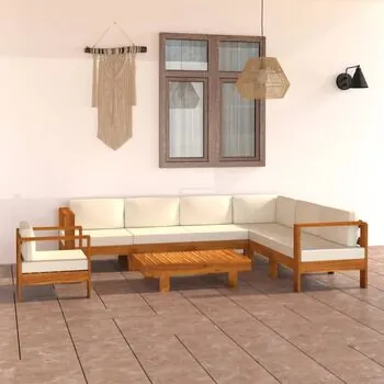  Set mobilier grădină perne alb/crem, 8 piese, lemn masiv acacia