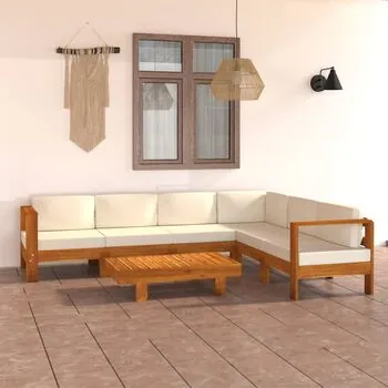  Set mobilier grădină perne alb/crem, 7 piese, lemn masiv acacia