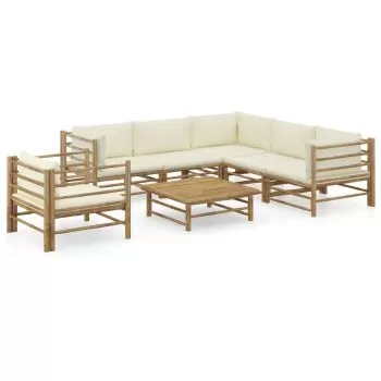 Set mobilier de grădină, 7 piese, perne alb crem, bambus
