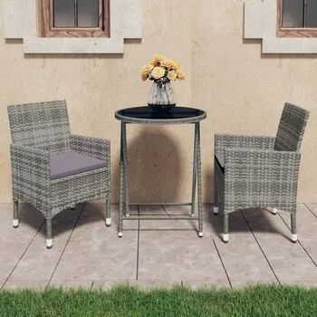  Set mobilier bistro grădină, 3 piese, gri, poliratan și sticlă
