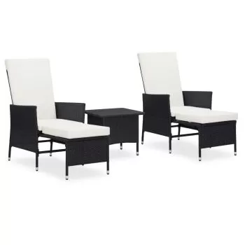  Set mobilier de grădină cu perne, 3 piese, negru, poliratan