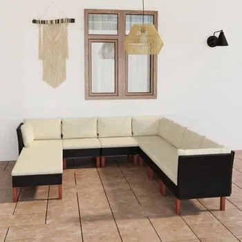  Set mobilier de grădină cu perne, 9 piese, negru, poliratan