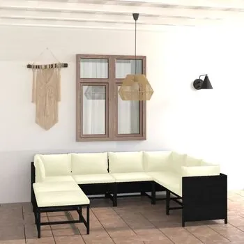  Set mobilier de grădină cu perne, 8 piese, negru, poliratan
