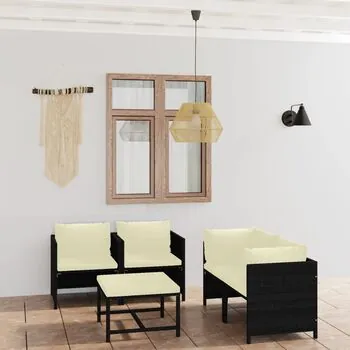  Set mobilier de grădină cu perne, 5 piese, negru, poliratan
