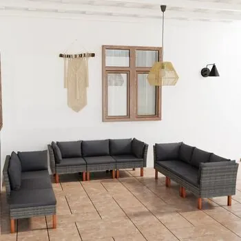  Set mobilier de grădină cu perne, 9 piese, gri, poliratan
