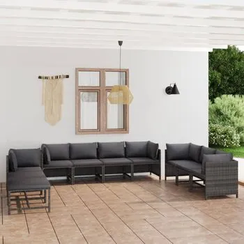  Set mobilier de grădină cu perne, 10 piese, gri, poliratan
