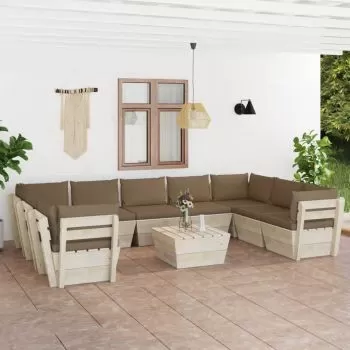 Set mobilier grădină din paleți, 10 piese, cu perne, lemn de molid