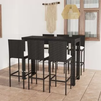 Set mobilier bar de exterior cu perne crem, 7 piese, negru,140 cm