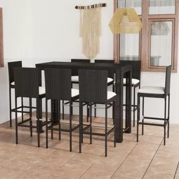 Set mobilier bar de exterior cu perne crem, 9 piese, negru,140 cm