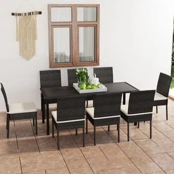  Set de mobilier de grădină, 9 piese, negru, poliratan
